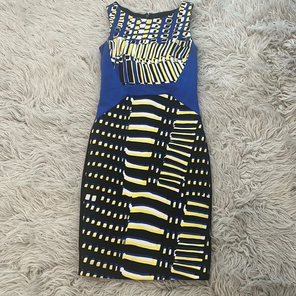 bebe Dresses & Skirts - 4/$19 like new Bebe black blue yellow white polka dot stripe funky pattern dress